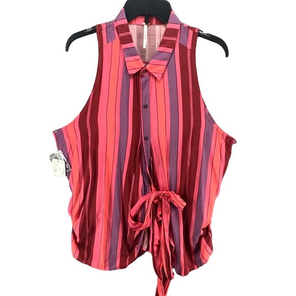 Free People Mackenzie Shirt Womens S Red Pink Striped Sleeveless Wrap Button Top - Picture 2 of 16